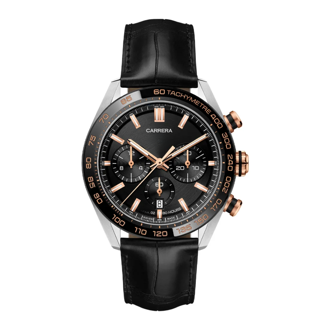 Classic Racing Chrono – Schwarz & Roségold | Lederarmband