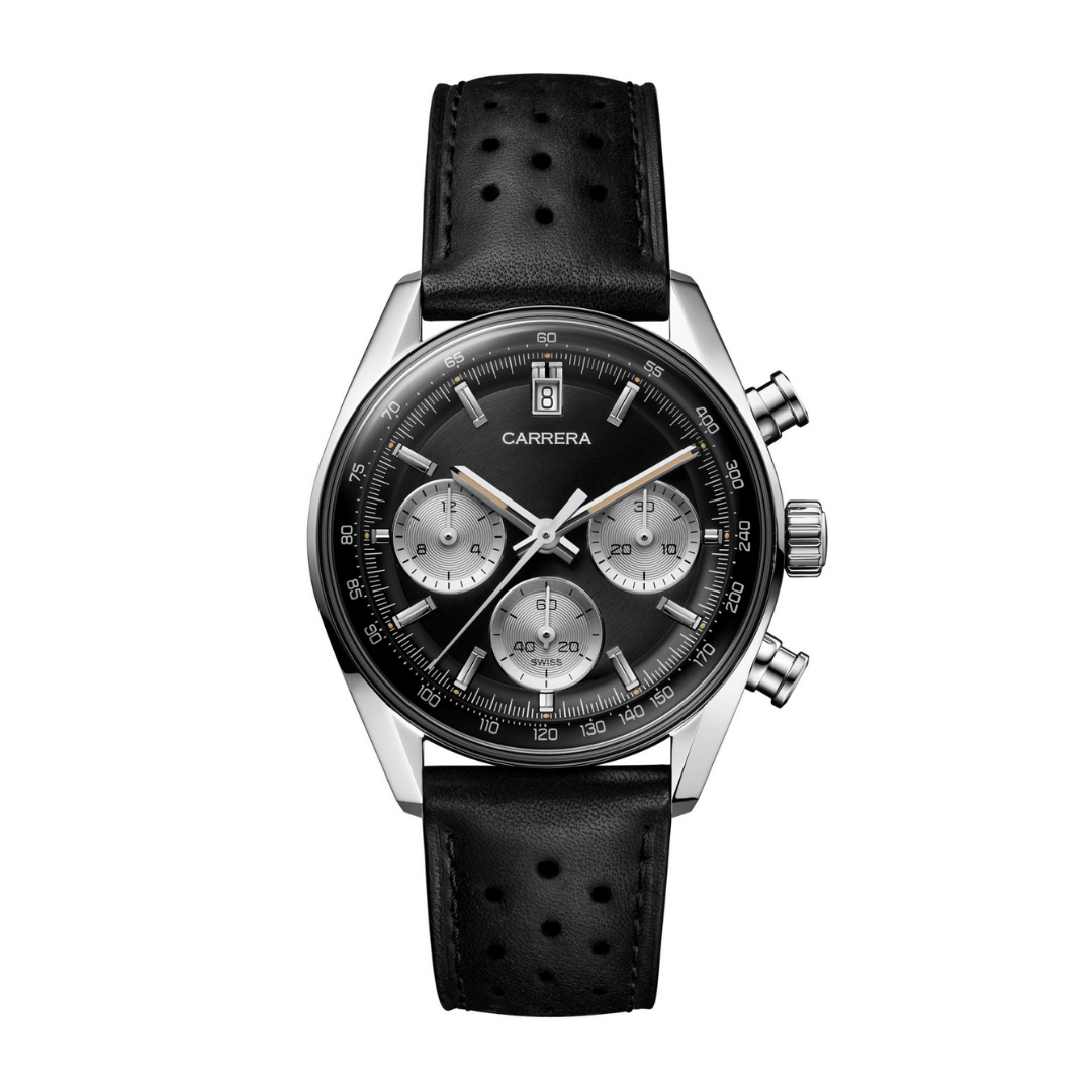 Classic Racing Chrono – Schwarz & Silber | Lederarmband