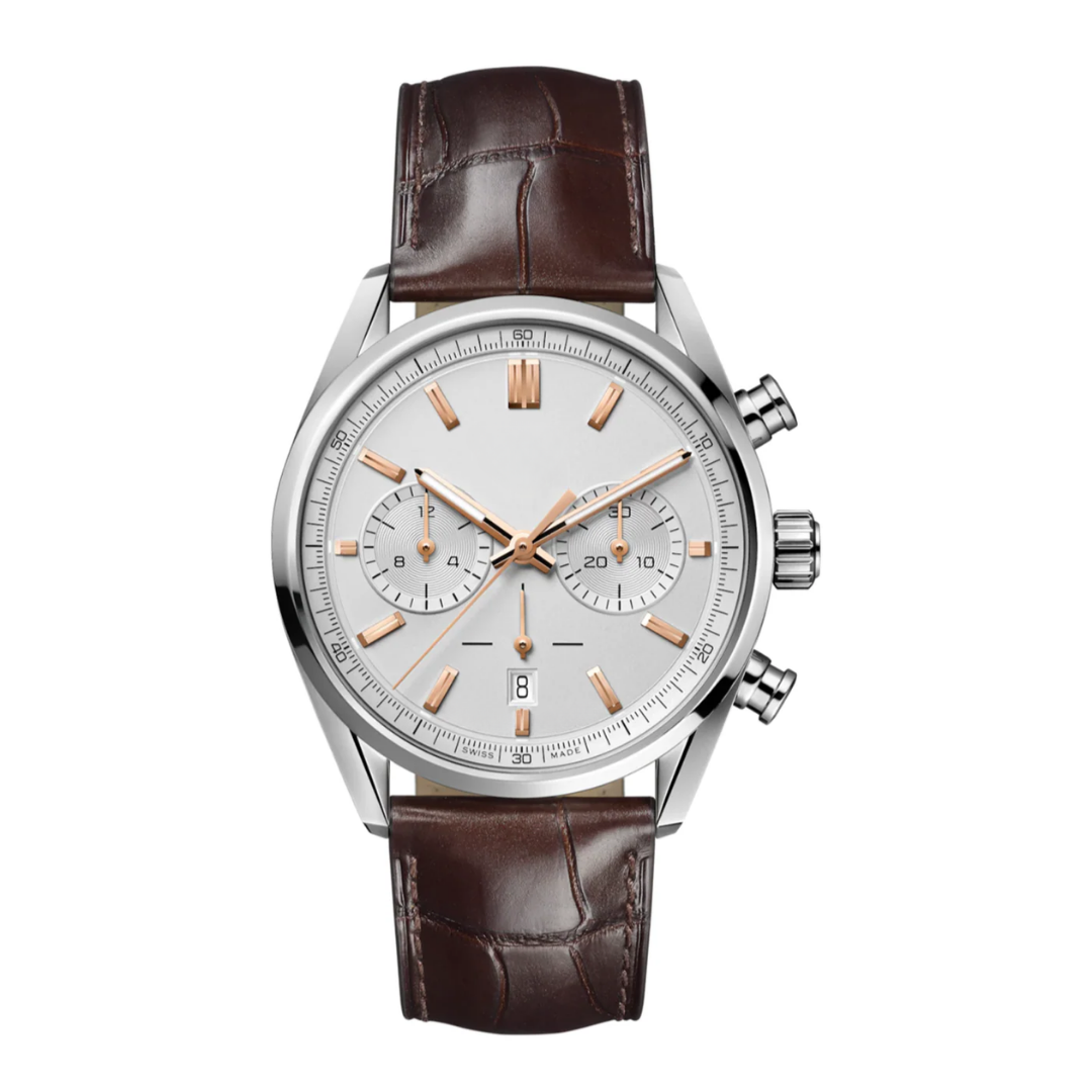 Classic Racing Chrono – Silber & Roségold | Braunes Lederarmband